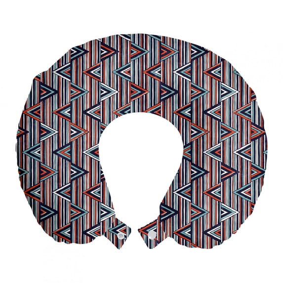 Tribal Travel Pillow Neck Rest, Striped Abstract Pattern with Creative Triangles Artwork, Memory Foam Traveling Accessory Airplane and Car, 12", Cinnamon Black Teal, by Ambesonne