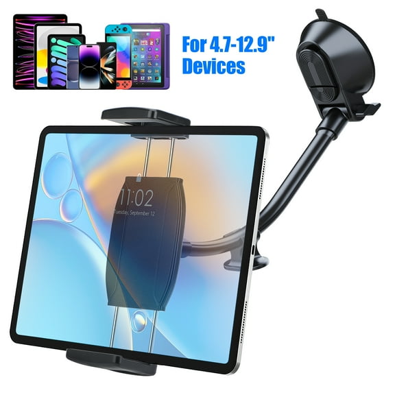 TSV Car Tablet Mount, Windshield Dashboard Car Phone Cradle Stand, 360° Rotation Gooseneck Suction Cup Holder Fit for 4.7-12.9" iPad Samsung