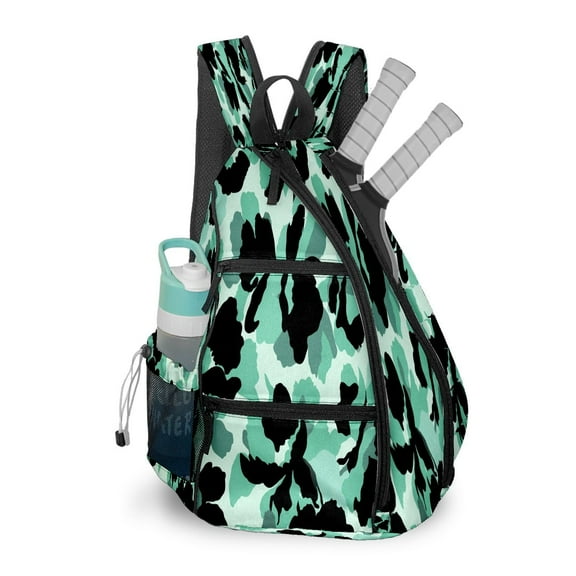Pickleball Bag with Padded Back, Camouflage Black Green Multi-Compartment Paddle Backpack, Lightweight Nylon Sports Bag for Men & Women