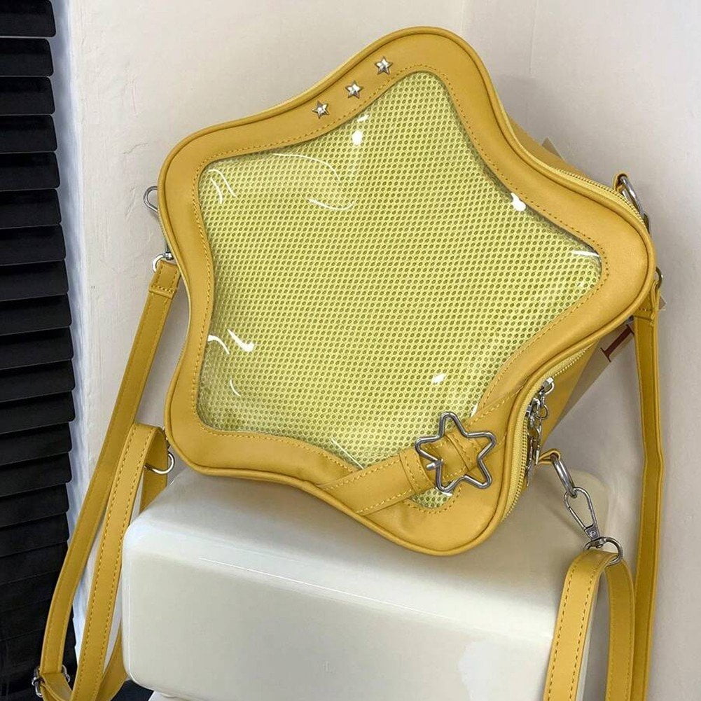 Yellow Star Backpack PU Leather Shoulder Bag Star Shape Tote Bag, Cute bag Y2K Spicy Travel Backpack Messenger Bag