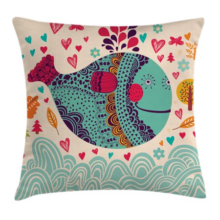 Multi Colored Accent Whale Decor Throw Pillow Cushion Cover, Colorful Ornamental Designed Big Whale with Waves Plants and Hearts around, Decorative Square Accent Pillow Case, 16 X 16 Inches, Multi Colored, by Ambesonne ()