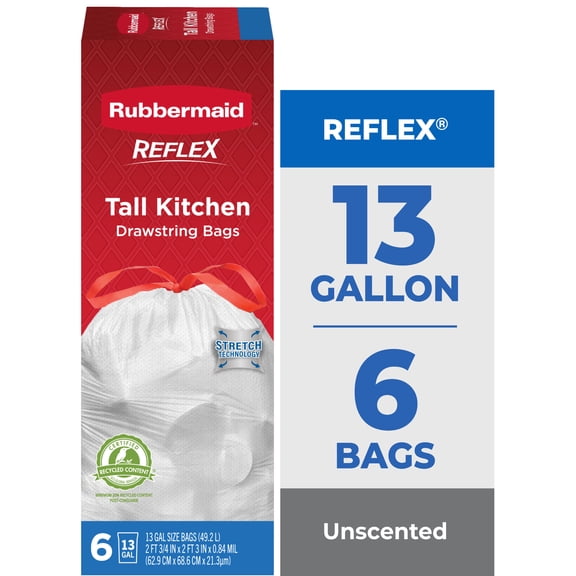 Rubbermaid Reflex Unscented 13g Drawstring Trash Bags 6ct