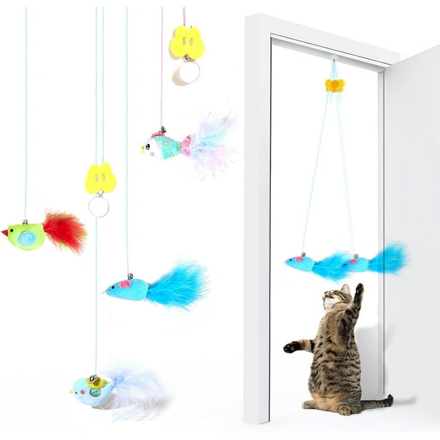 GHSDFBB Indoor Cat Hanging Toys,4 Packs of Retractable Cat Exercise Toy Rope,Fun Toys to Attract Cats' Attention,Hanging Door Bouncing Cat Toys, Interactive Cat Toys for Indoor Play (A)