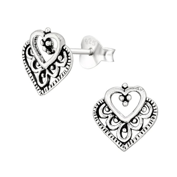 Heart with Patterns 925 Sterling Silver Stud Earrings