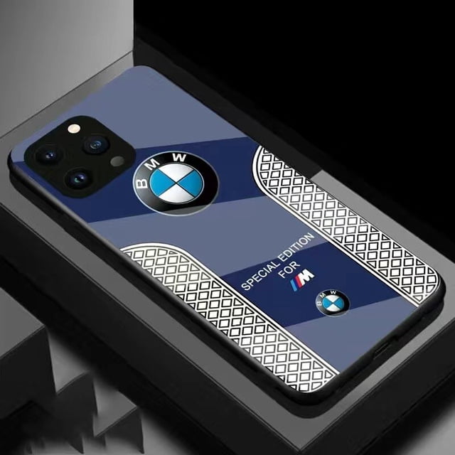 Funda de teléfono de lujo para coche deportivo BMW, cubierta dura de vidrio de fibra de carbono para iPhone 14, 13, 12, Mini, 11 Pro Max, X, XS, XR, 7, 8, SE, 2020 Plus Fivean unisex