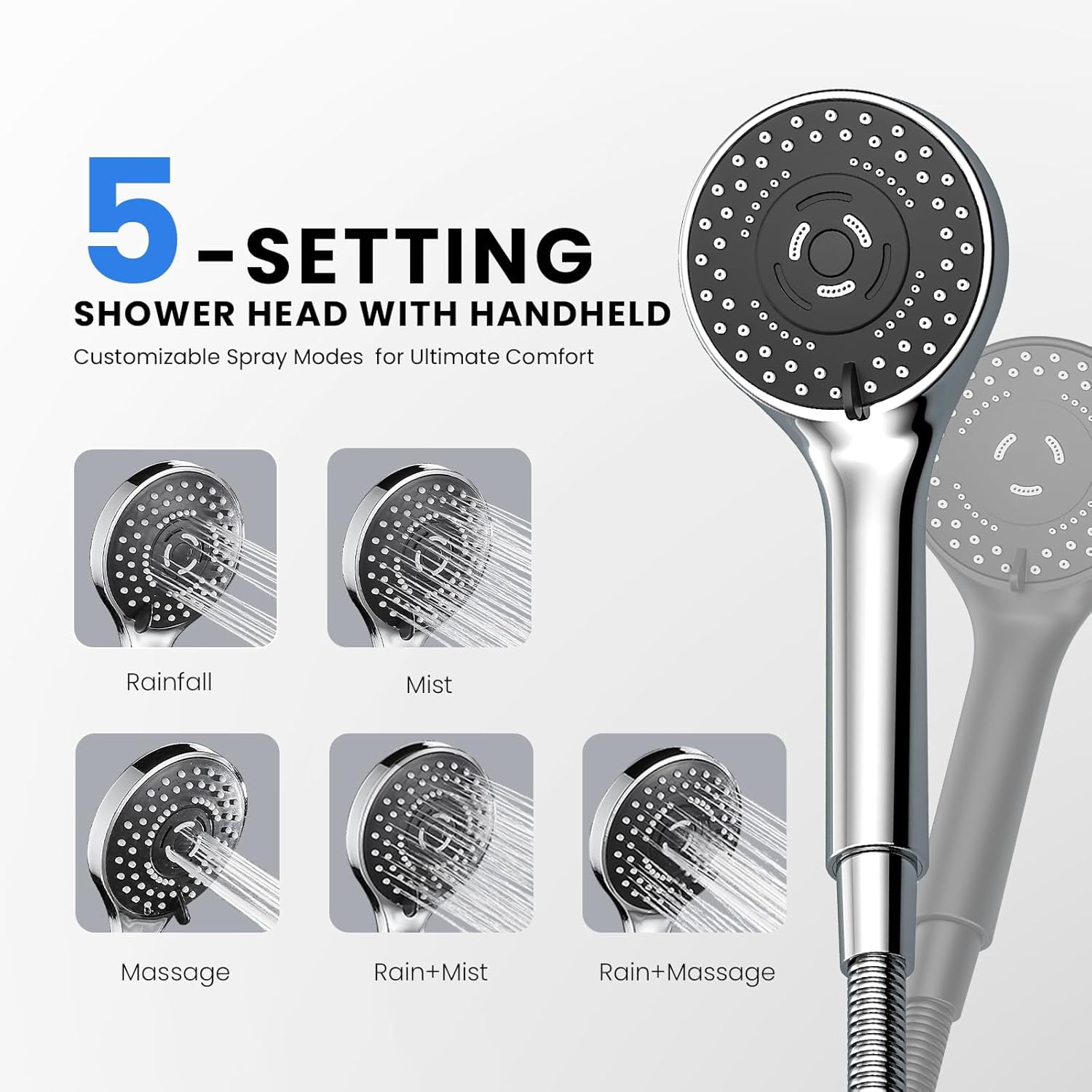 Wide Rain Shower Head With 5 Modes Handheld Showerheads, High Pressure Showerhead Combo with Extension Arm for Bathroom Accessories, Adjustable Shower Head with Anti-Clog Nozzles (Chrome)