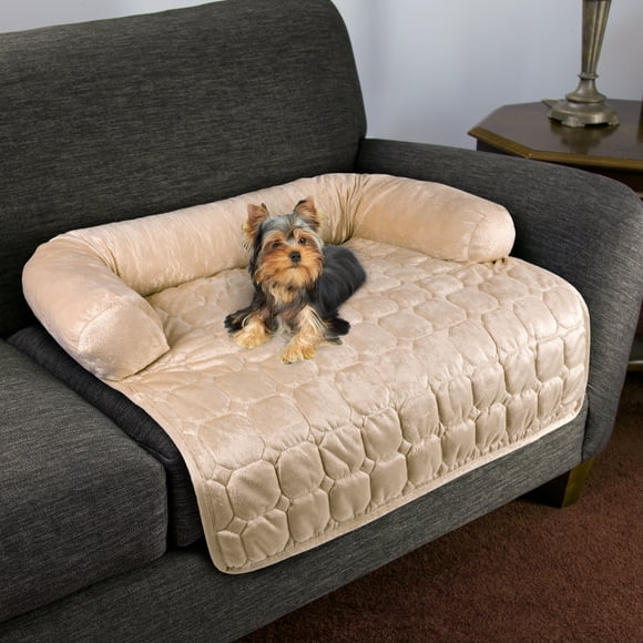Furniture Protector Pet Cover for Dogs and Cats with Shredded Memory Foam filled 3-Sided Bolster Soft Plush Fabric by PETMAKER – 30” x 30.5” Beige