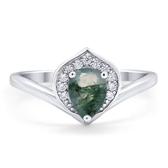 Natural Green Moss Agate Size-5 Art Deco Pear Teardrop Leaf Vintage Style Halo CZ Wedding Engagement Ring 925 Sterling Silver Gift For Her