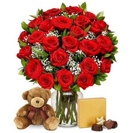 From You Flowers - Two Dozen Premium Long Stem Red Roses with Chocolates & Bear for Birthday, Anniversary, Valentine's Day, Get Well, Congratulations, Thank You, All Occasions