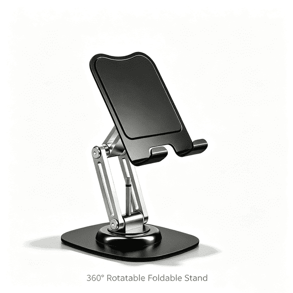 Universal Adjustable Foldable Phone & Tablet Stand, 360° Rotatable Desktop Device Mount with Storage Mini Shelf, Multi-Angle Holder Compatible with All Smartphones, Tablets, Black