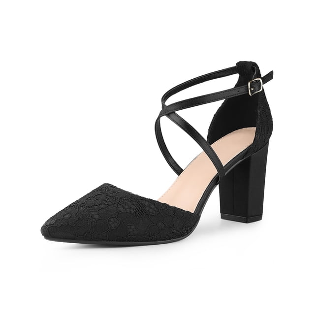 BLISSFUL STEP Pointed Toe Cross Straps Block Heel Lace Pumps for Women Black (Size 9)
