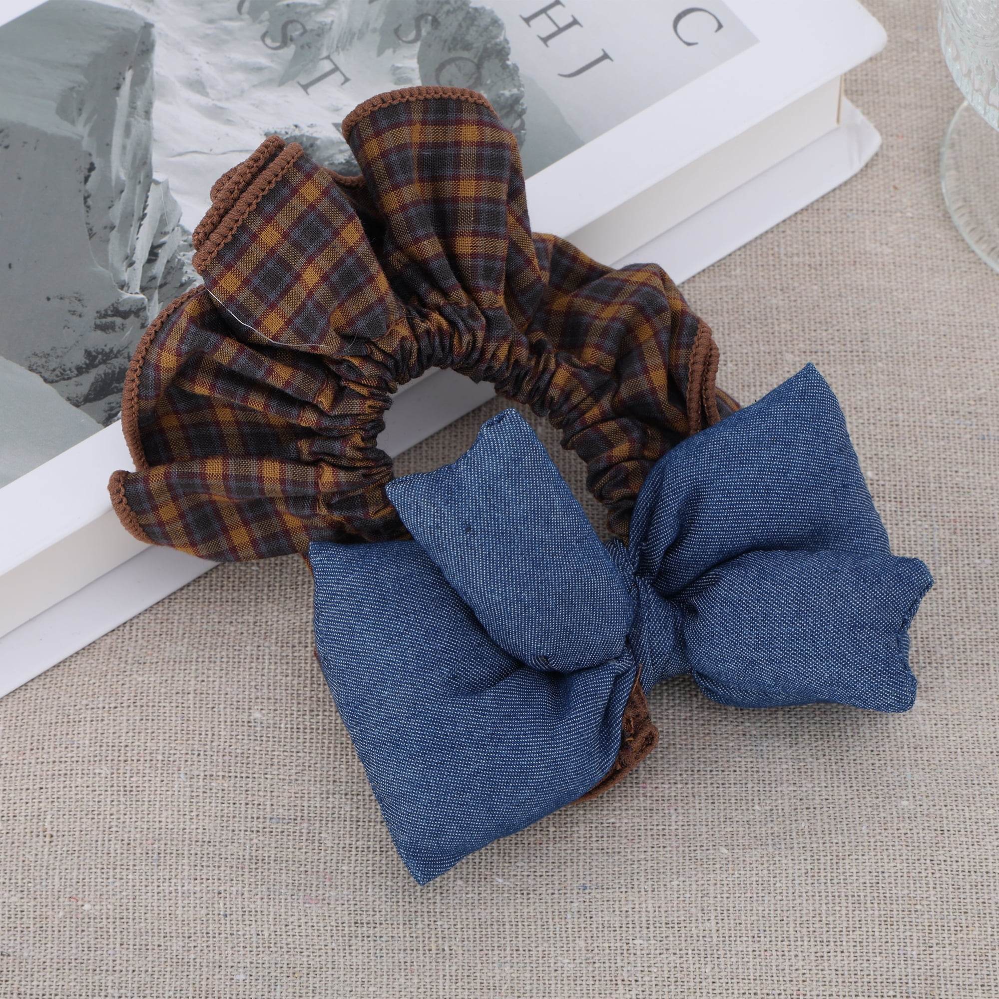 Unique Bargains Fashionable Denim Hair Ties All Occasions 1 Pc Blue, Brown Bow