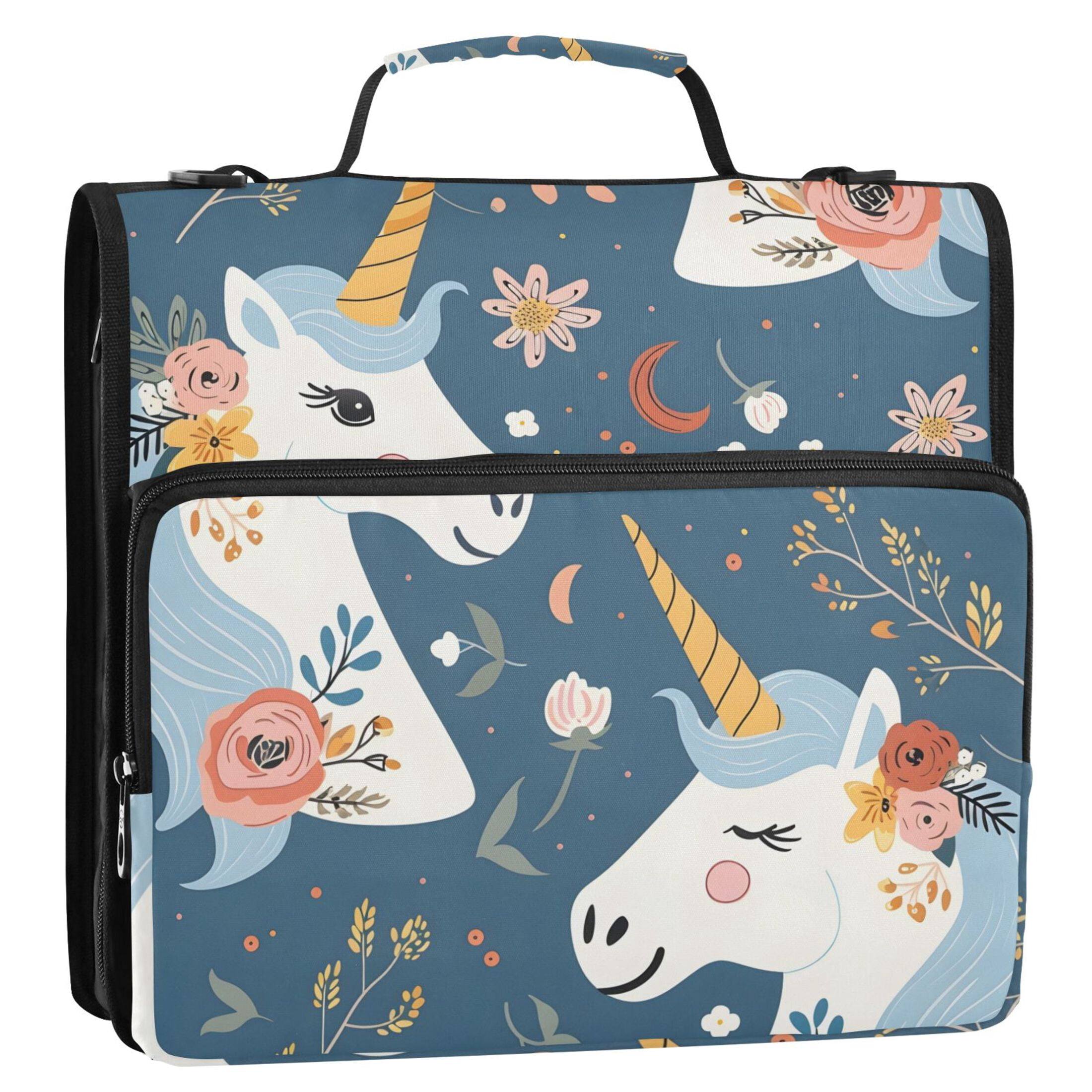 3 Ring Zipper Binder with Shoulder Strap Waterproof Trapper Keeper 2 Inch D-Ring 500 Sheets Capacity Beautiful Unicorn Head and Flower