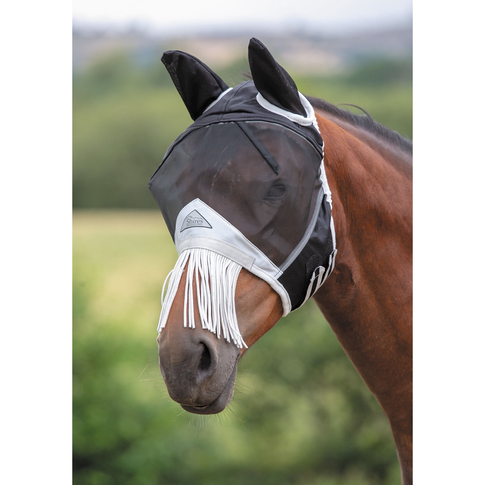 Shires Equestrian Fine Mesh Fly Mask with Nose Fringe Blk FULL