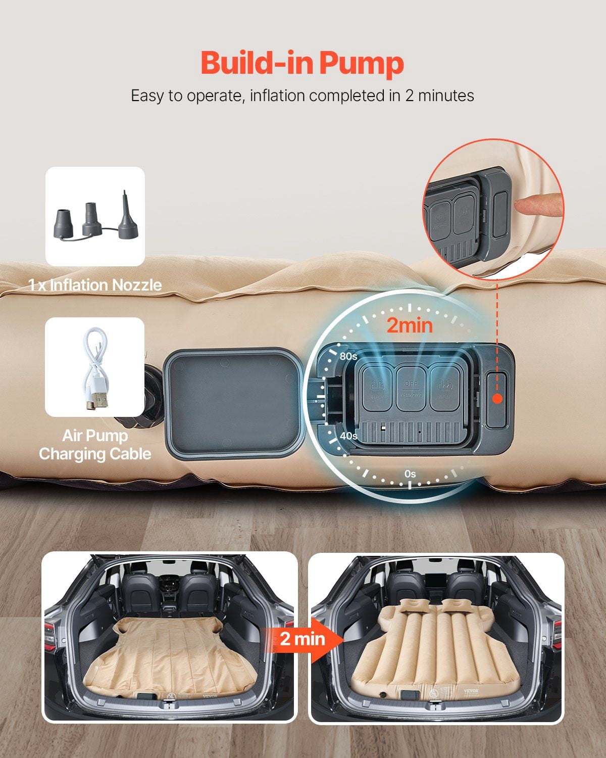 Tesla Model Y 2020 2024 Car Air Mattress Inflatable Camping Mattress Flocking Thickened Portable Sleeping Pad with Built in Pump and 2 Beige Pillows