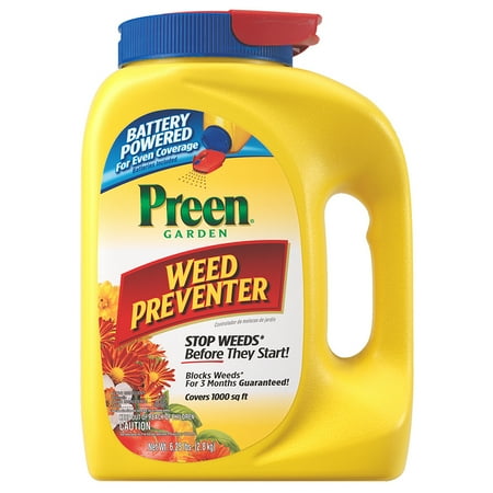 - Preen Garden Weed Preventer with Battery Powered Spreader Cap, 6.25 lb covers 1,000 sq ft