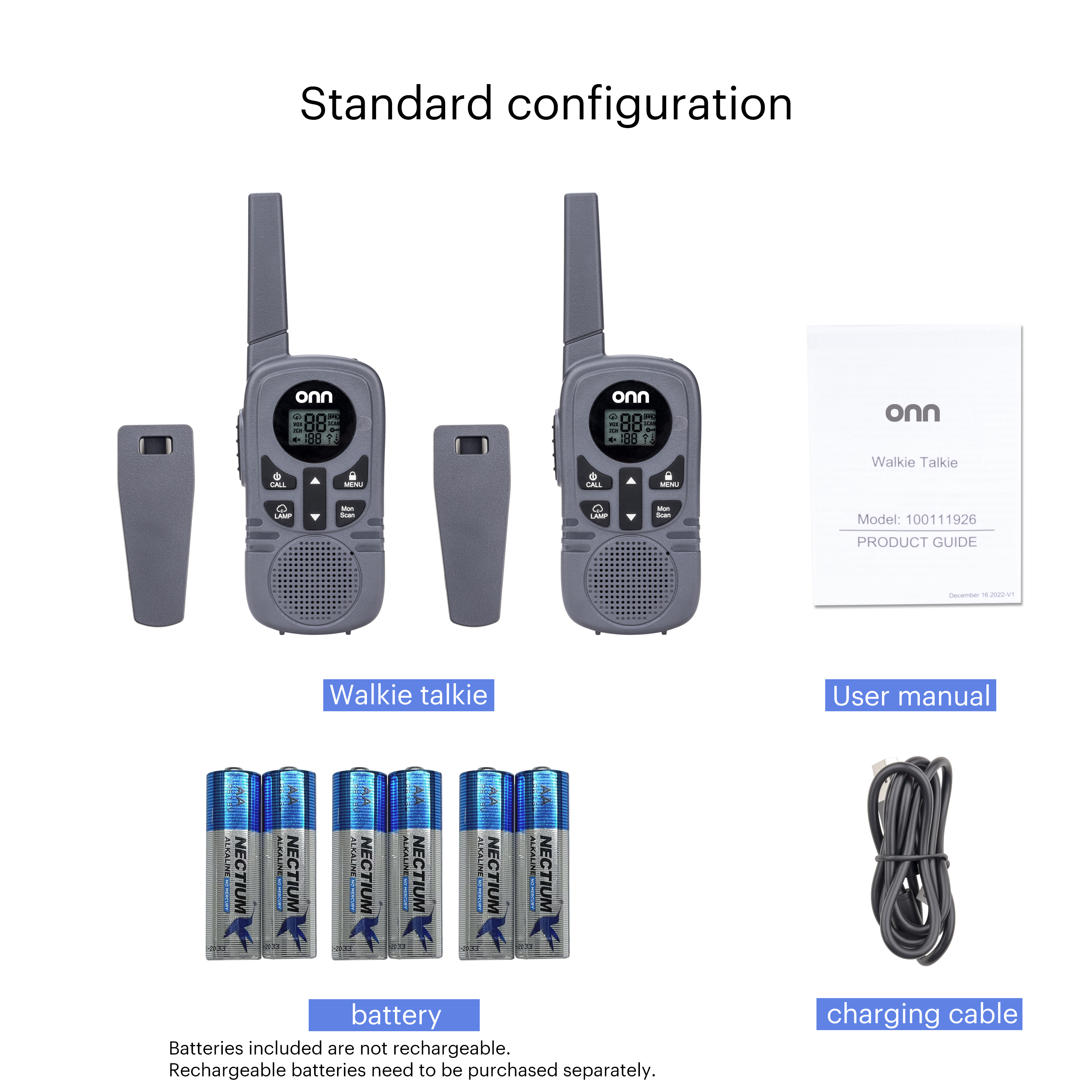 onn Walkie Talkies 16-Mile Range 2-Pack photo 5