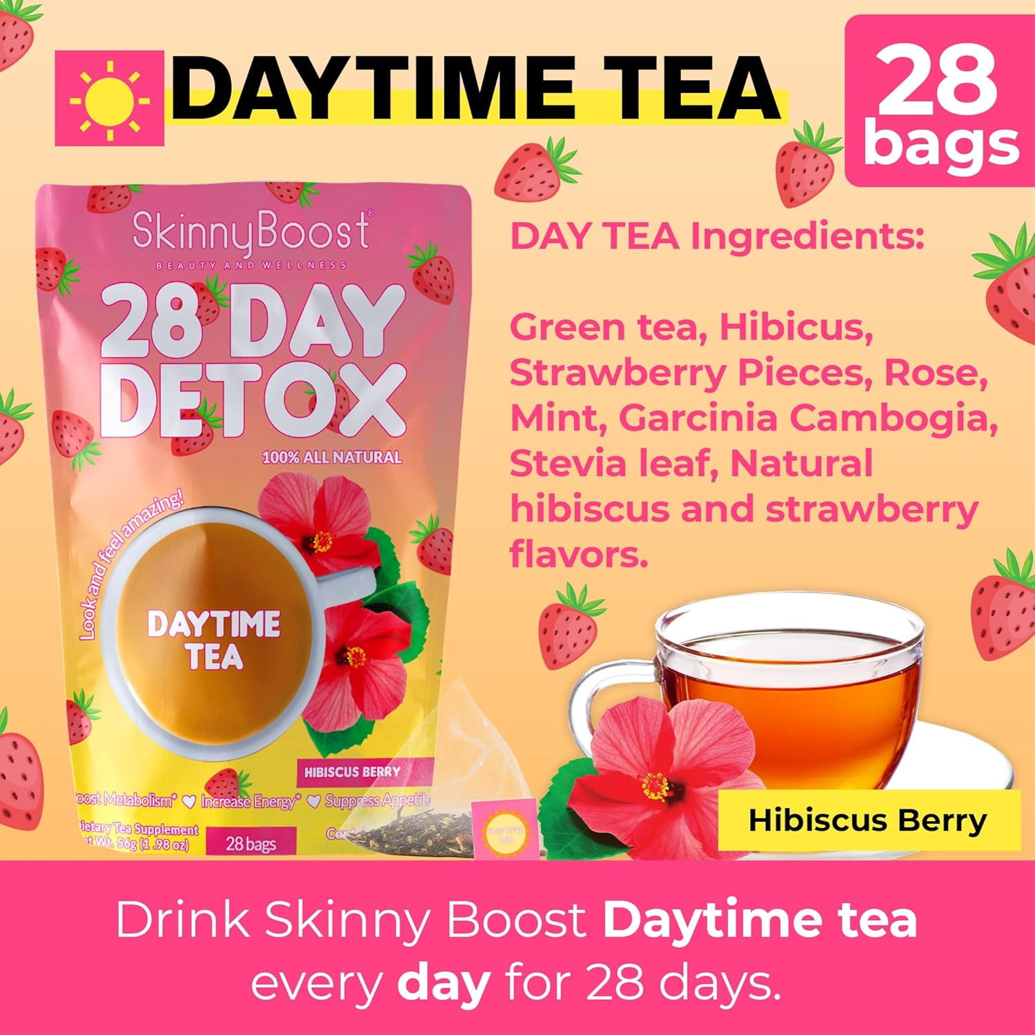 SkinnyBoost 28 Day Detox Tea Kit-1 Daytime Hibiscus (28 Bags) 1 Evening Apple Cinnamon(14 Bags) Non GMO, Vegan, All Natural, Green Tea and Herbal Teas for Natural Detox and Cleanse, Reduce Bloating