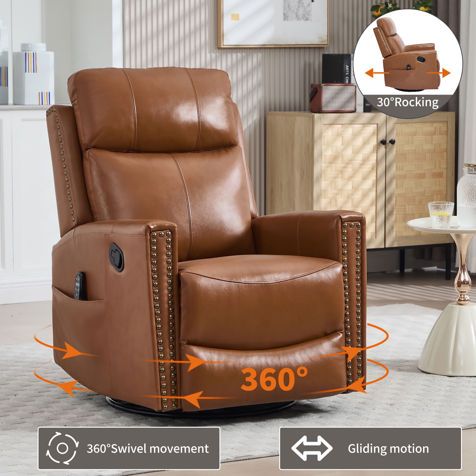 MAYEERTY Genuine Leather Swivel Recliner Chair, Manual Rocker Lounge Chair with 8-Point Massage & Lumbar Heat, for Living Room Home Theater