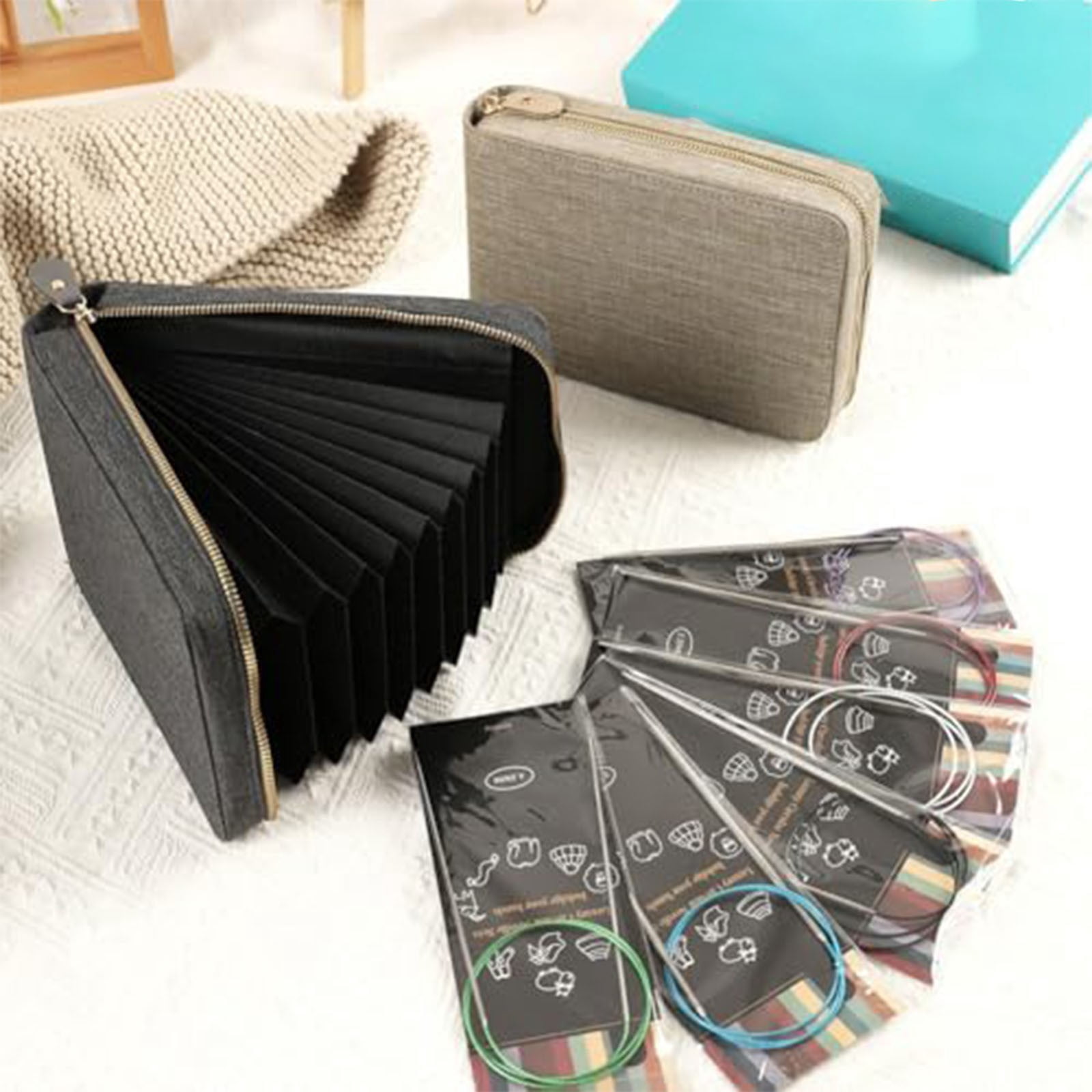 Empty Circular Knitting Needle Storage Bag, Zipper Organizer Case for Crochet Sewing Accessories, Needle Holder with Clear View Pockets, Portable Knitting Needle Case for , Empty Ring Needle Bag