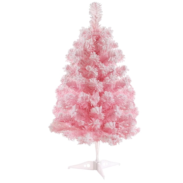 Árbol de Navidad Gloreyan de 60 cm, PVC rosa, flocado en la nieve, con soporte
