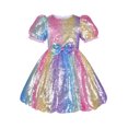 thumbnail image 1 of Girls Dress Sequin Shiny Rainbow Color Puffy Ruffle Bud Short Sleeve 7 Years, 1 of 6
