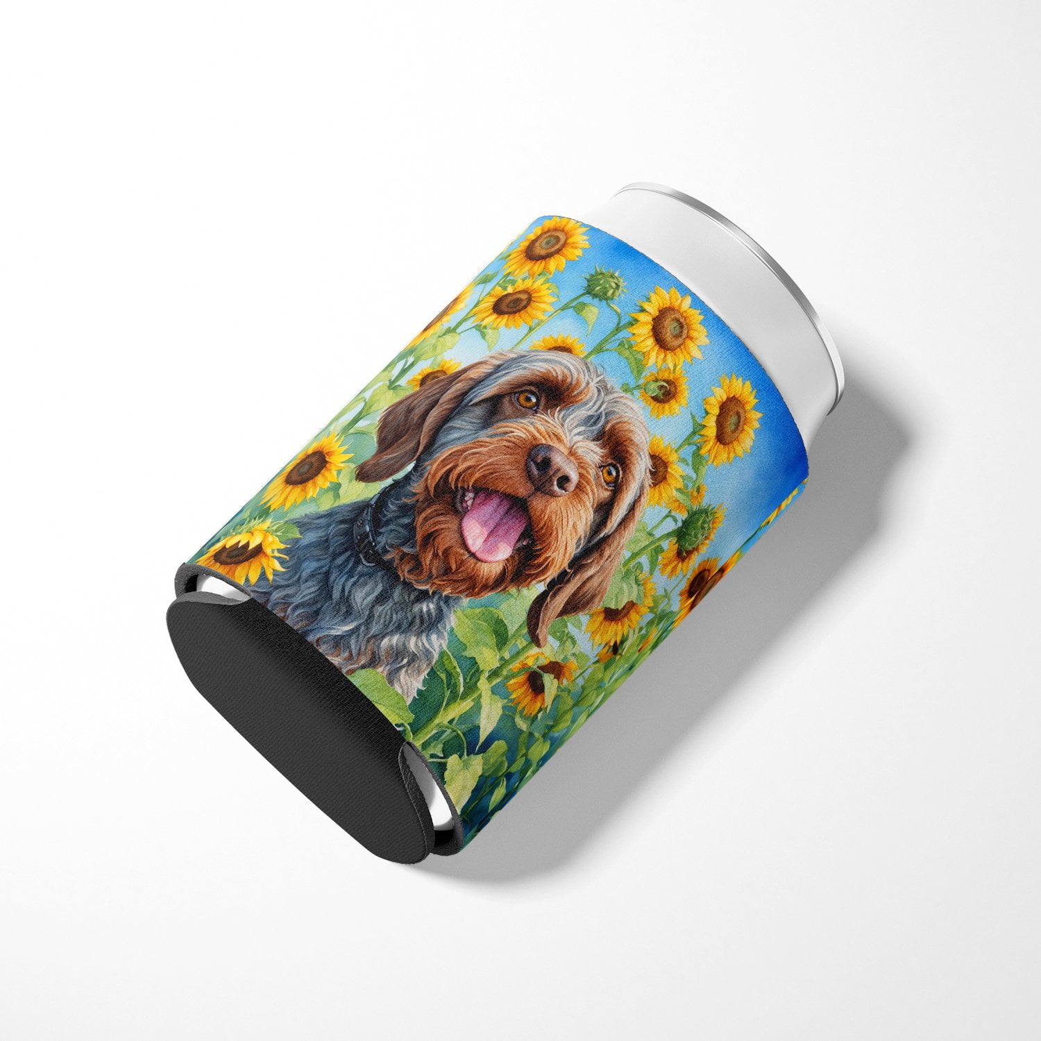 Wirehaired Pointing Griffon in Sunflowers Can or Bottle Hugger 3 in x 5 in