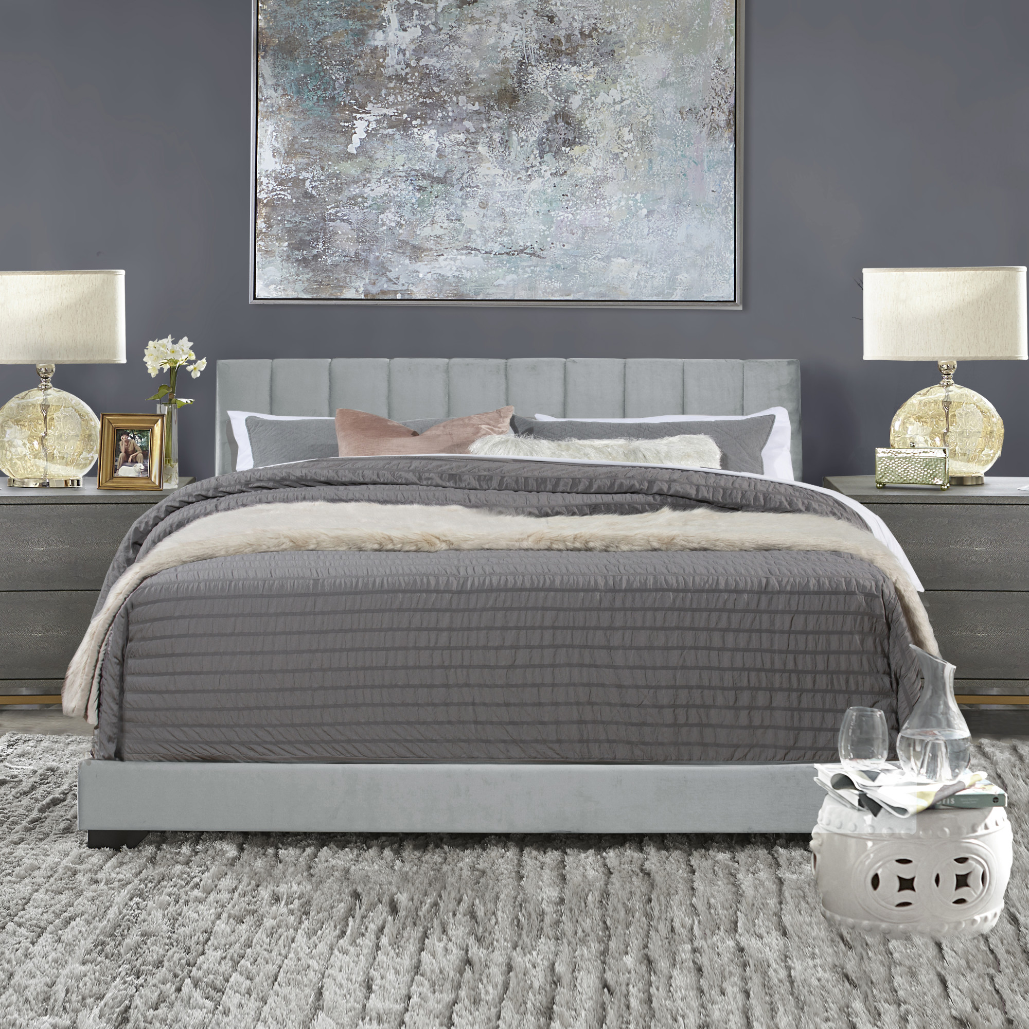 Reece Channel Stitched Upholstered King Bed, Platinum Grey, by Hillsdale Living Essentials - image 3 of 15