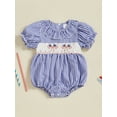 thumbnail image 4 of BemeyourBBs Newborn Baby Girl 4th of July Outfit Patriot Independent Day Clothes Smocked Bubble Romper Gingham Plaid Short Puff Sleeve Ruffled USA Flag Embroidery Bodysuit Jumpsuit, 4 of 9