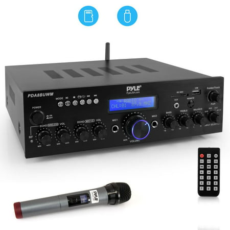 PYLE PDA8BUWM - Compact Home Theater Amplifier Stereo Receiver with Bluetooth Wireless Streaming, UHF Wireless Microphone, Mic ECHO and Volume Control, MP3/USB/SD/AUX/FM Radio, AV Inputs (200