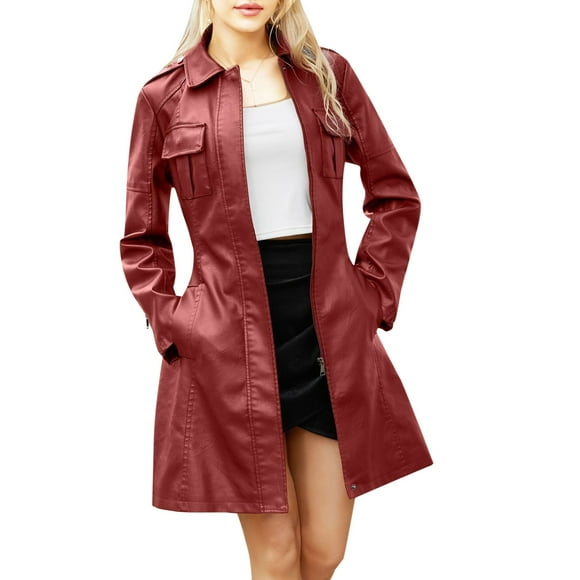 2025 Women's Mid Length Casual Fitted Jackets for Women Leather Jacket with Belt Warm Casual Jacket Women and Long Sleeved Leather Winter Jacket Women Casual Windbreaker British Coat