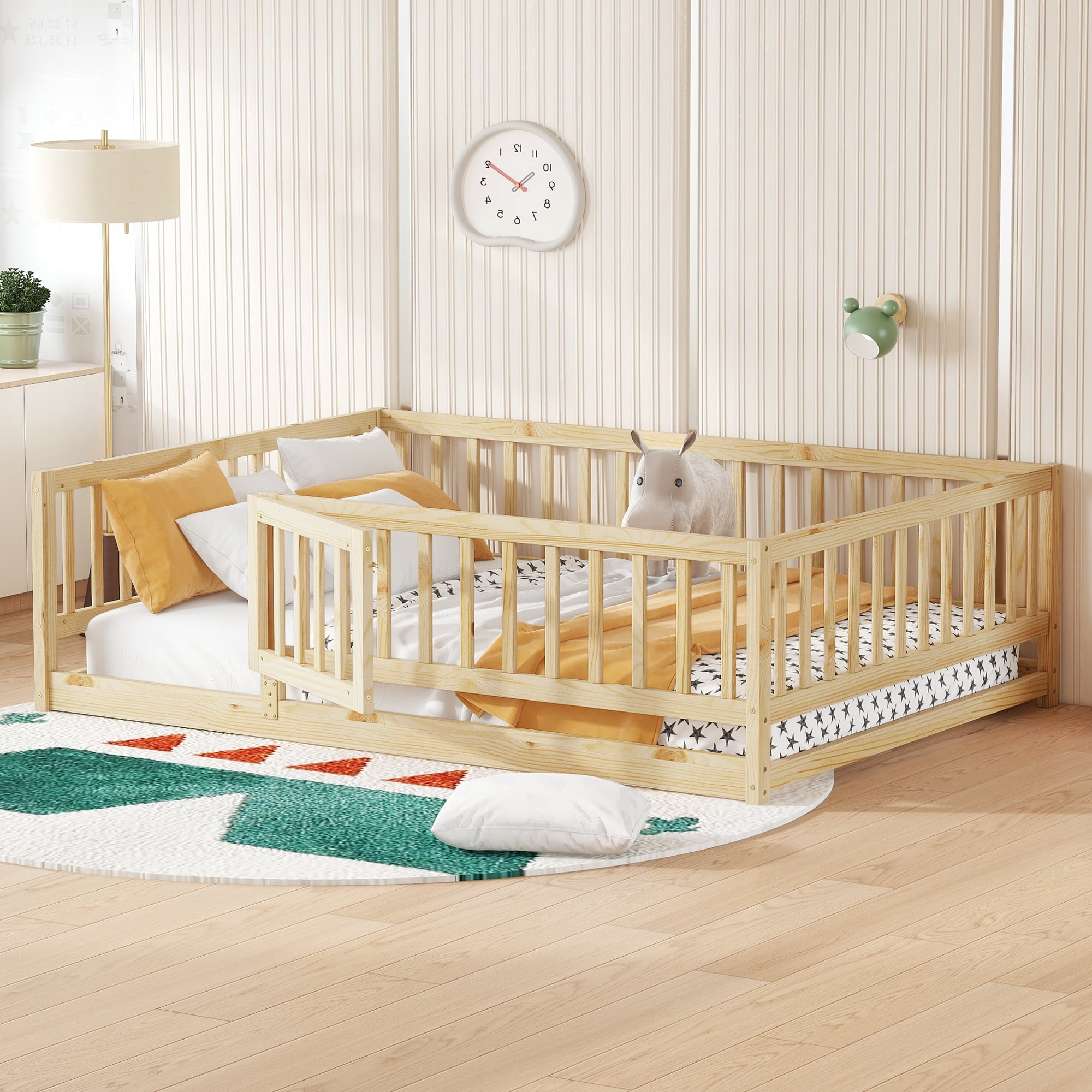 Full Size Montessori Floor Bed with Fence and Door, Solid Wood Kids Bed and Toddler Playhouse Bed with Slats, Oak
