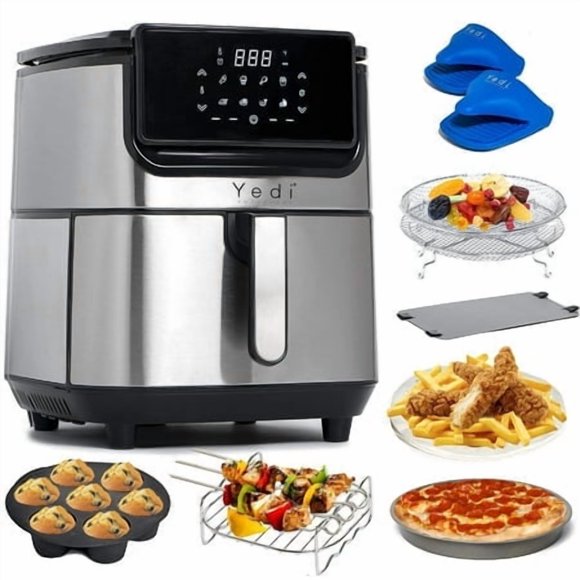 Yedi Evolution Air Fryer, 68 Quart, Stainless Steel, ceramic cooking Basket, with Deluxe Accessory Kit and Recipe Book
