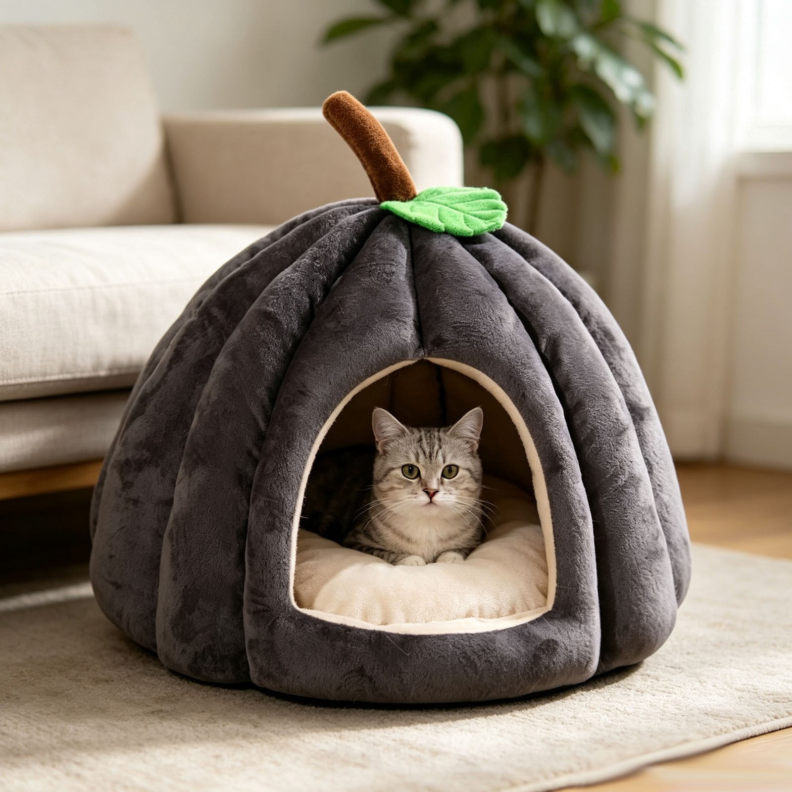 Pumpkin Shape Pet Cave Bed, Soft Enclosed Warm Sleeping for Cats Small ...