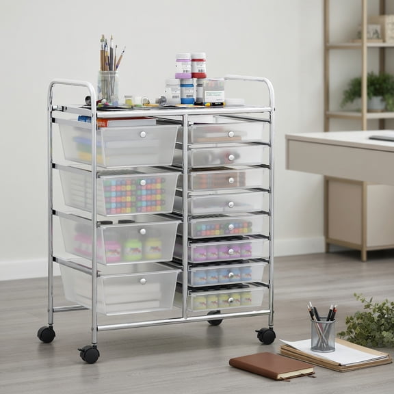 Spaco Transparent 12-Drawer Multi-Purpose Rolling Storage Cart, Versatile Organizer for Home, Office & Craft Room