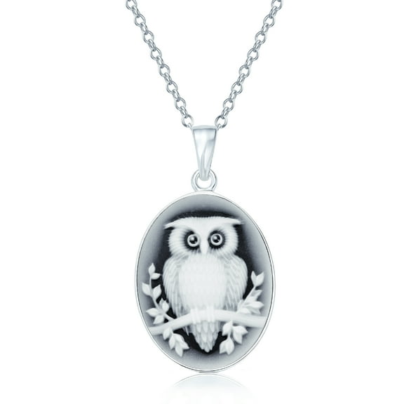Bling Jewelry Womens Black Carved Oval Branch Small Owl Cameo Pendant Necklace