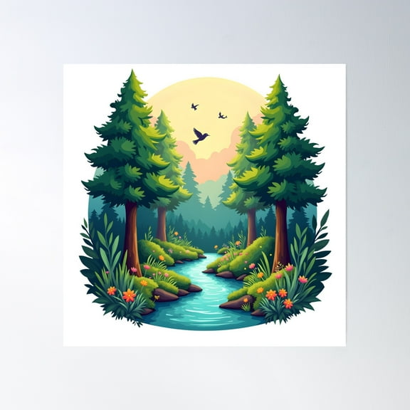 A Vibrant Forest Landscape Design Poster Wall Art, Modern Wall Decor, 16x16 UNFRAMED