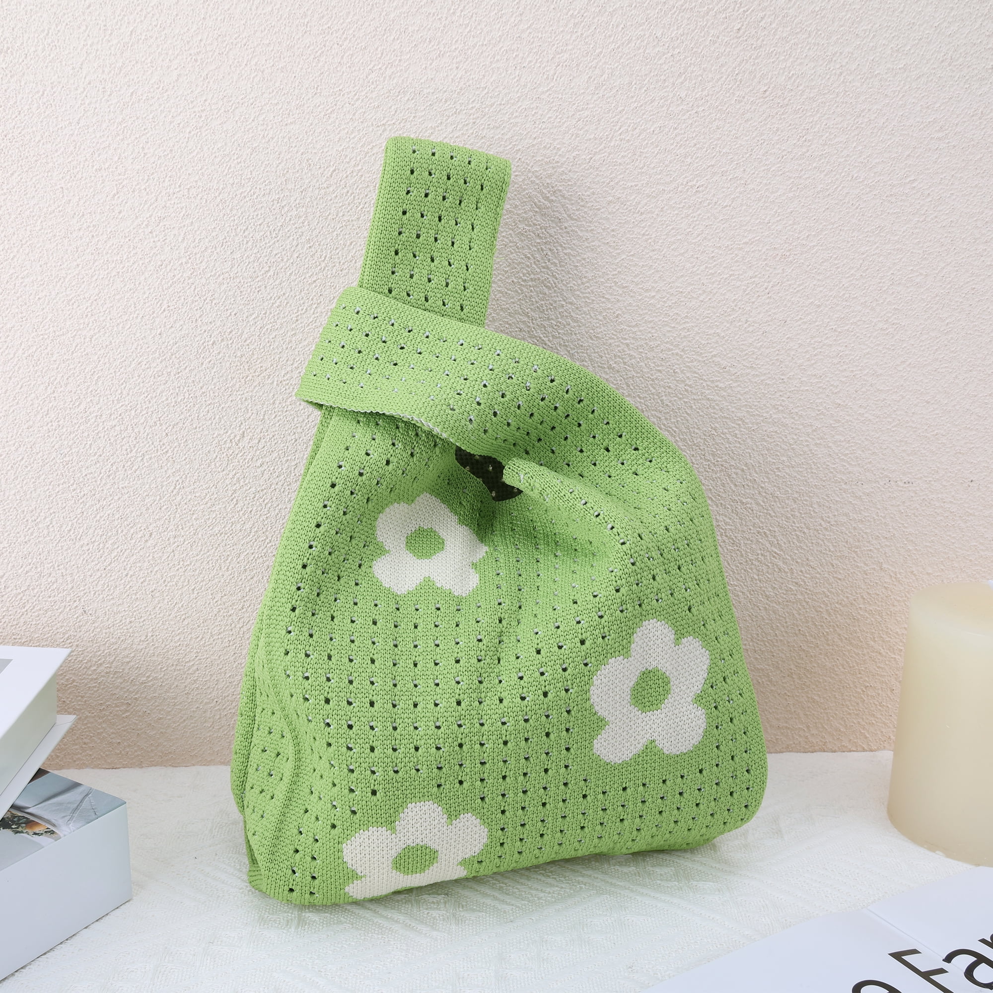 Unique Bargains Stylish Openwork Flower Knitted Wrist Bag for Everyday Use Green