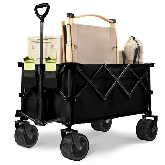 Olurrisa 400L Collapsible Wagon Cart with 450LB Capacity, All-Terrain Big Wheels & Adjustable Handle, Heavy Duty Folding Wagon for Camping, Beach, Sports, Garden​,Black