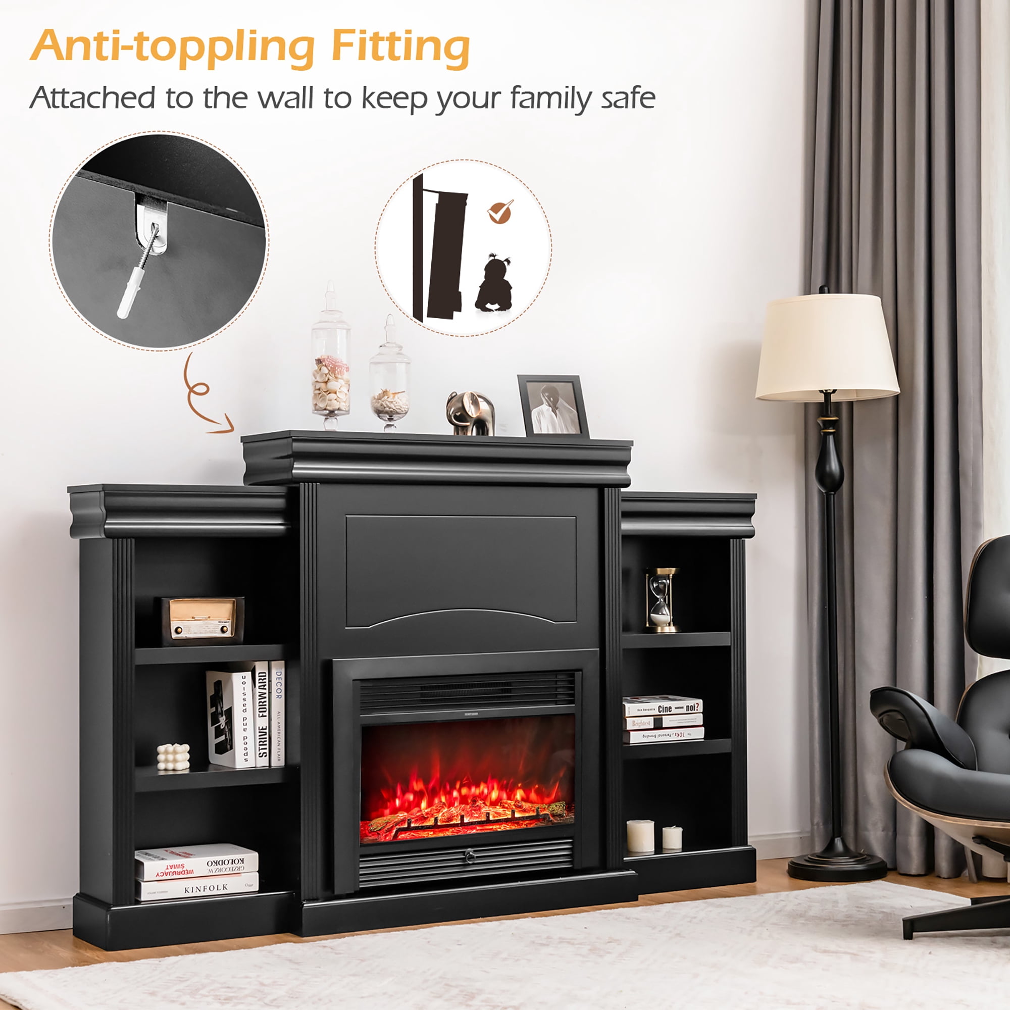 Costway 70'' Fireplace TV Stand Modern Media Entertainment Center Bookcase Black