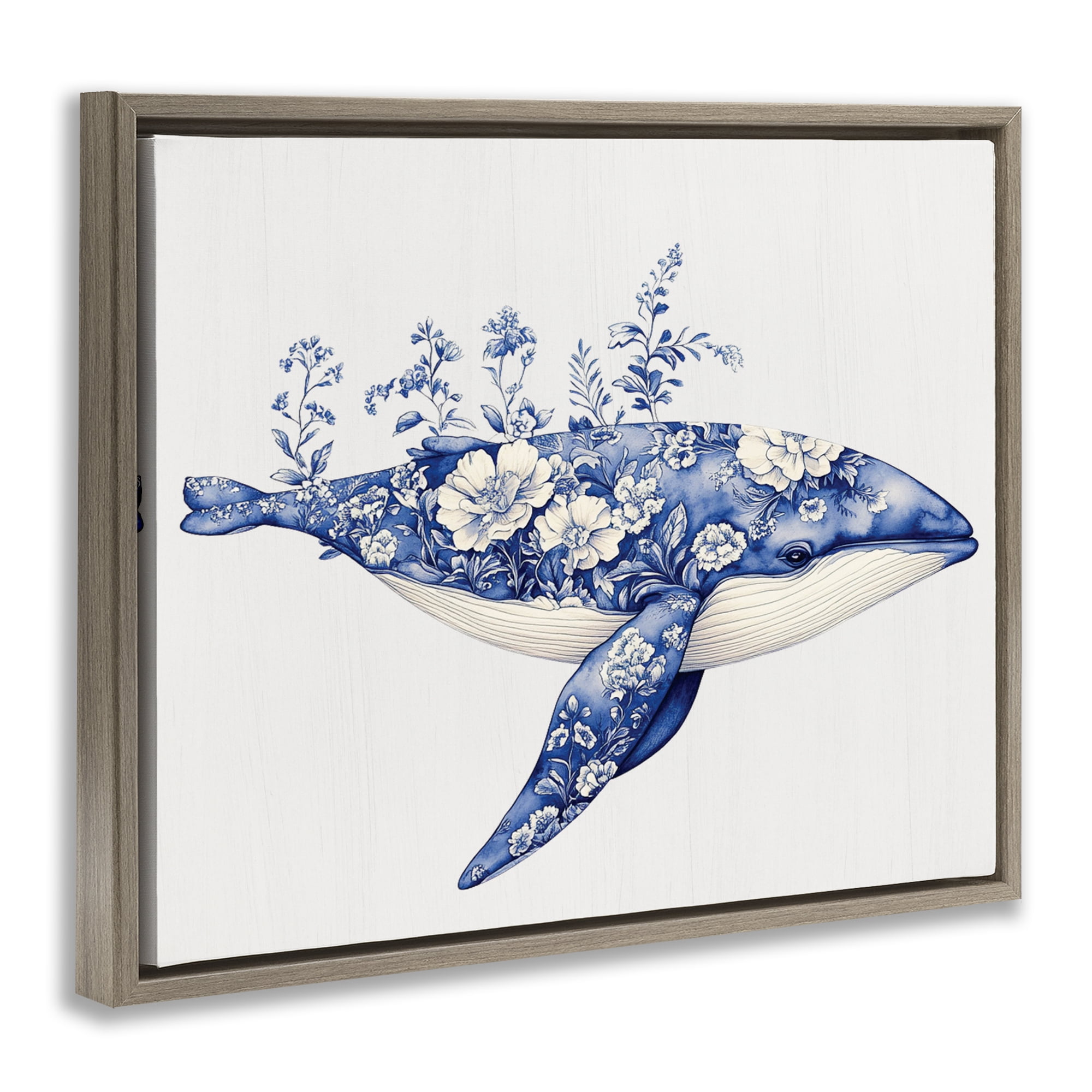 Blooming Toile Whale Brown Framed Floater Canvas Wall Art, design by Lettered and Lined