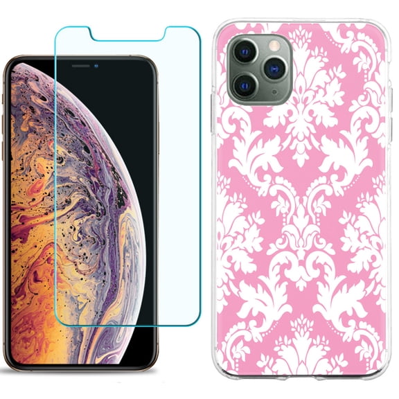 For Apple iPhone 11 PRO Case, Slim-Fit TPU Protective Phone Case (Pink Bezel) with Tempered Glass Screen Protector, by OneToughShield ® - Victorian White/Pink