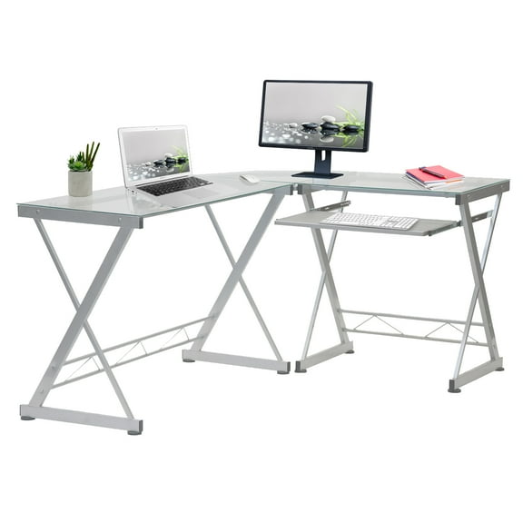 Canddidliike L Shaped Computer Corner Desk with Tempered Glass Top, Pull Out Keyboard Panel - White