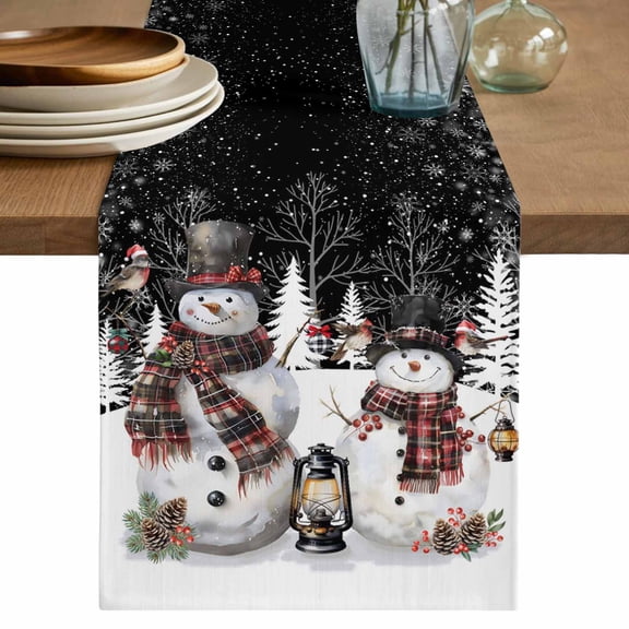 Black Christmas Table Runner 70 Inches, Snowman Snowflake Winter Birds Bed Runner Dresser Scarves Tabletop for Indoor Outdoor Parties/Ceremony/Banquet, 13" x 70"