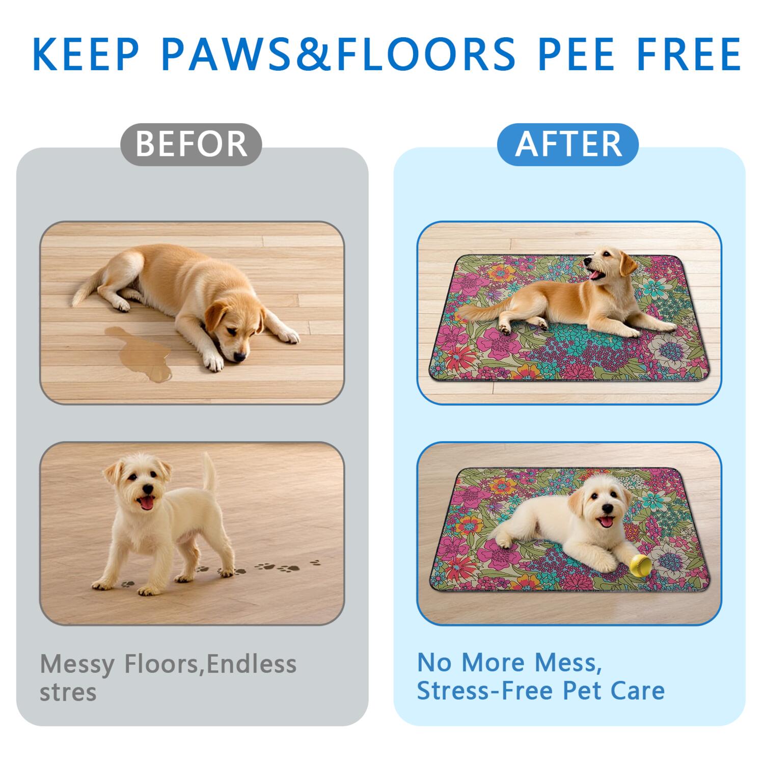 Floral Print Reusable Pet Pads 2-Set, Medium 24x35 Inch Washable Puppy Training Mats, Highly Absorbent Dog Floor Mat for Indoor Protection