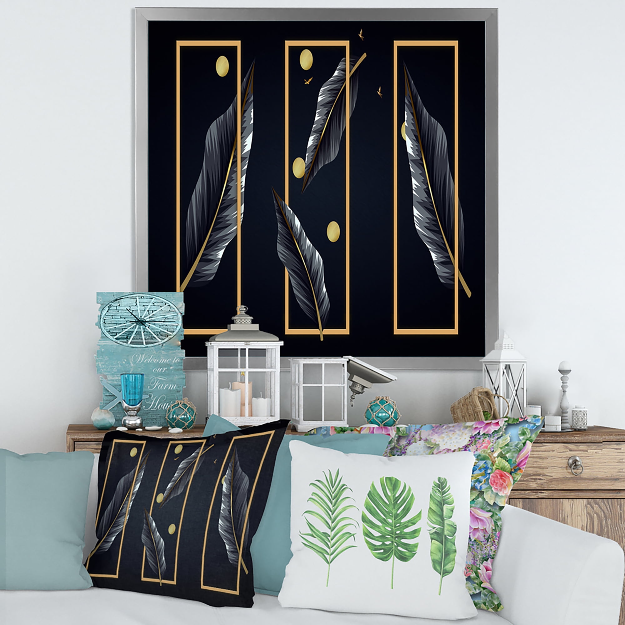 Designart 'Black Tropical Leaves Under Golden Rectangles' Modern Framed Art Print