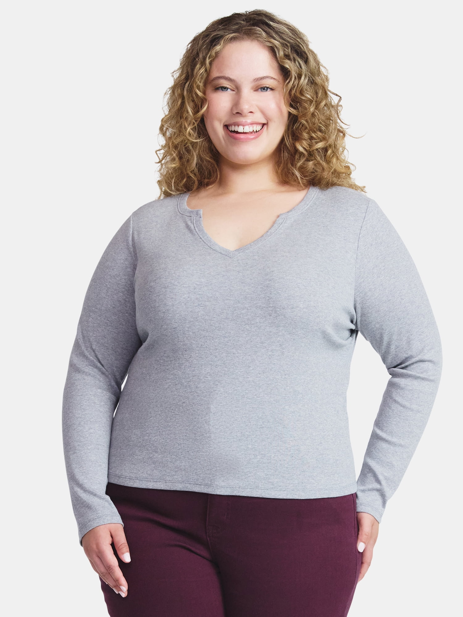 Terra & Sky Women's Plus Long Sleeve Notch Neck Top