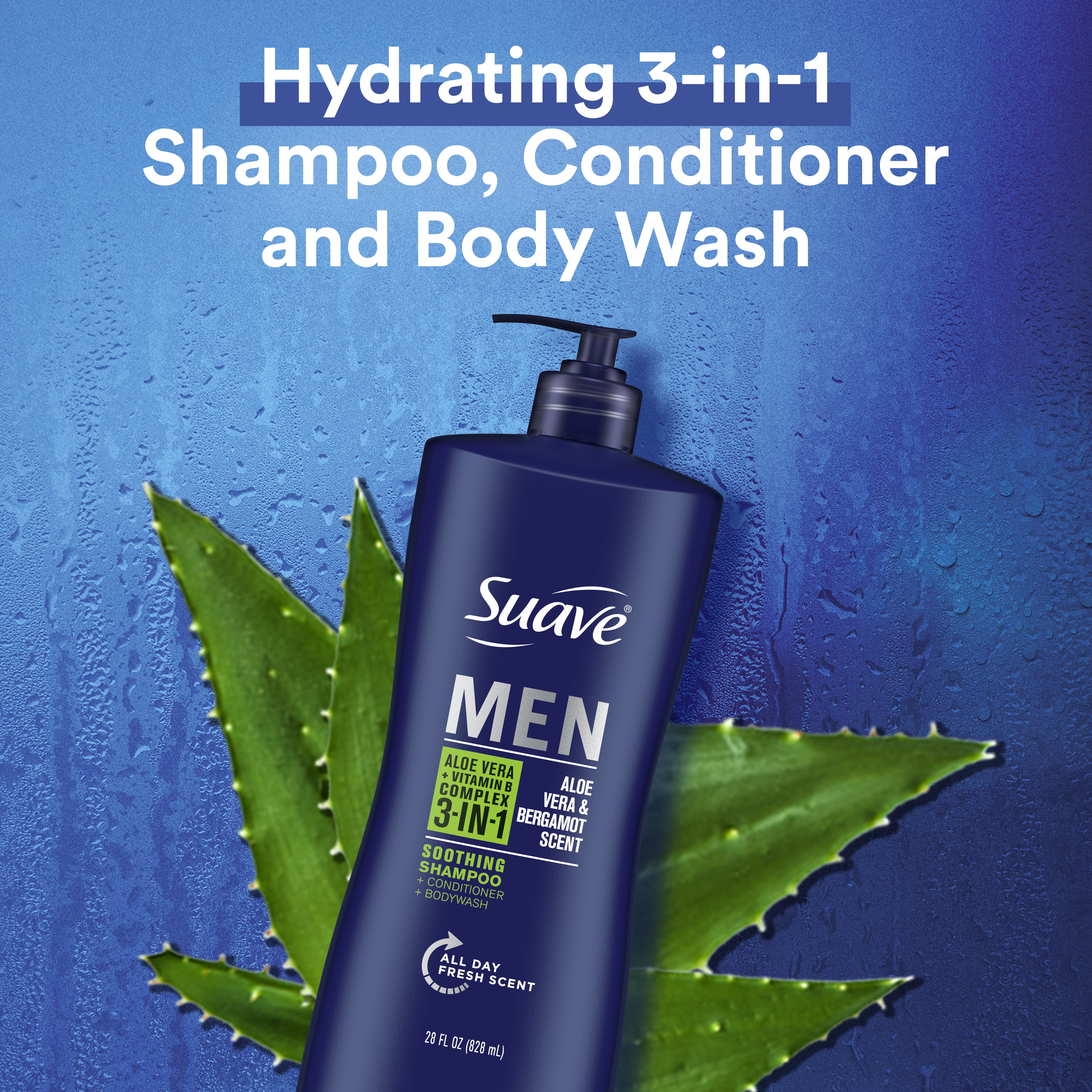 (4 pack) Suave Men 3-in-1 Shampoo, Conditioner & Body Wash, Soothing, Aloe Vera, Bergamot & Vitamin B7, 28 fl oz