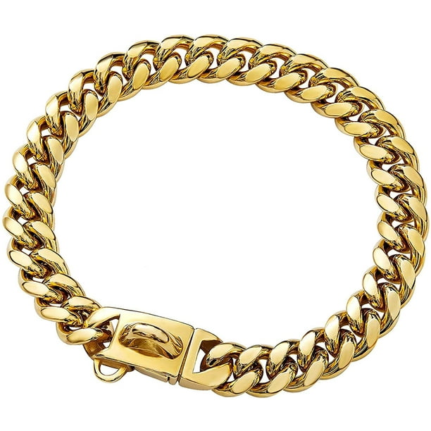 Collar de cadena para perro de oro con hebilla segura con piedras de circonita cúbica que se desprenden del hielo Cadena de eslabones cubanos de acero inoxidable de metal de 33 quilates -