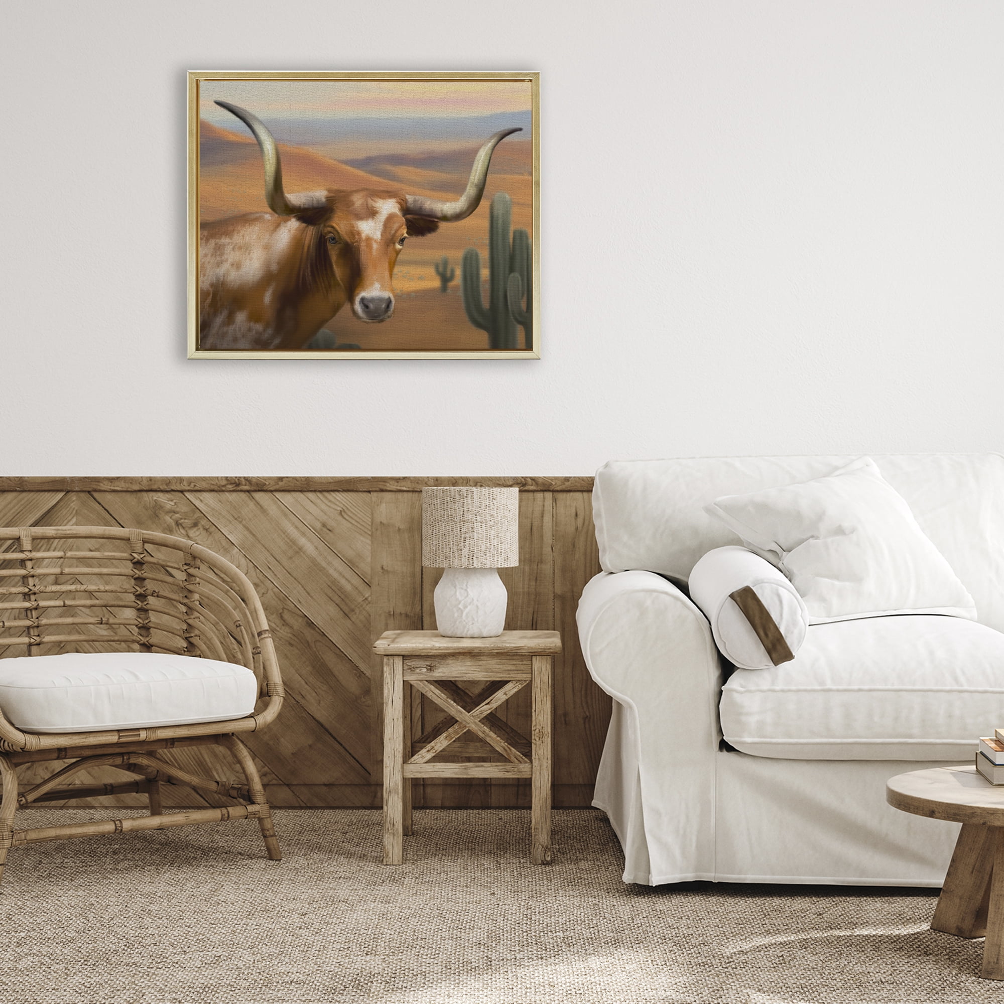 Stupell Industries Longhorn Western Landscape Gold Framed Floater Canvas Wall Art, design by Matthew Piotrowicz